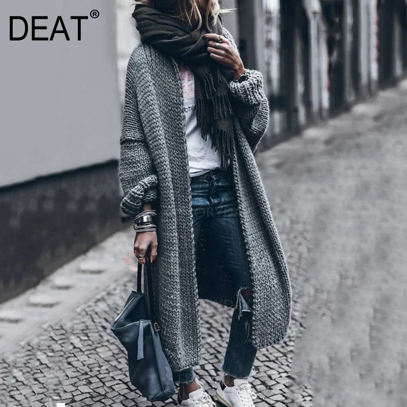 

DEAT Dark Gray Long Sleeve Thick Line Knit Loose Plus Woman Sweater Cardigan Jacket Casual Fashion 2019 Winter Coat New TD223