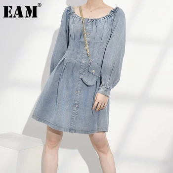 

[EAM] Women Blue Dneim Split Joint Pleated Dress New Slash Neck Long Sleeve Loose Fit Fashion Tide Spring Summer 2020 1T41205