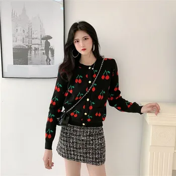 

Casual Two Piece Set Women Fashion Set Autumn Wild Cherry Print Long Sleeve Knit Two-Piece Sweater Skirt Suit