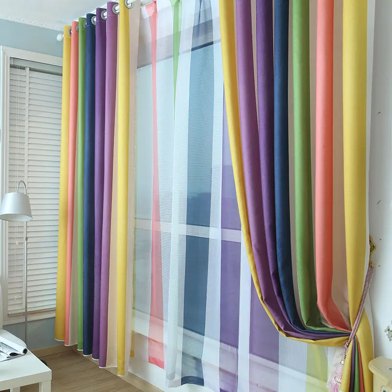 

Customized Curtains Striped Living Room Curtains Colorful Rainbow Pattern Finished Blackout Window Curtain for Bedroom