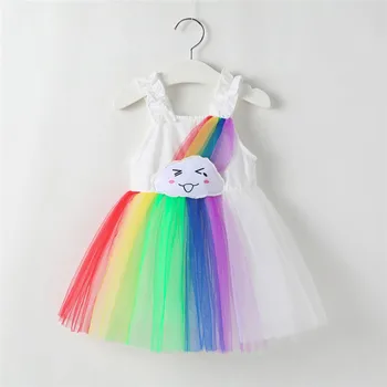 

Girls Summer Tutu Dress Cartoon Rainbow Birthday Dress Princess Elegant Patchwork Dress Kids Party Clothes Vestidos Robe Fille