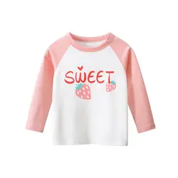 Meninas de manga longa t bonito carta impressão o pescoço crianças camisetas branco rosa retalhos bebê topos 2022 primavera novas roupas para crianças