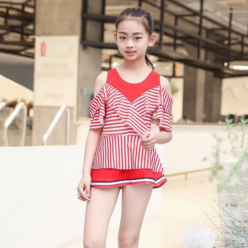 

Summer Grils Swimsuits Children Swimwear Stripe One-Piece Skirted Beachsuit Bikini Beach Wear Bathing Suit 2019
