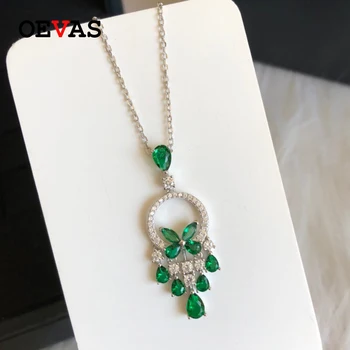

OEVAS 100% 925 Sterling Silver Wedding Pendant Necklace Women Sparking Emerald Created Moissanite Hollow Out Butterfly Jewelry