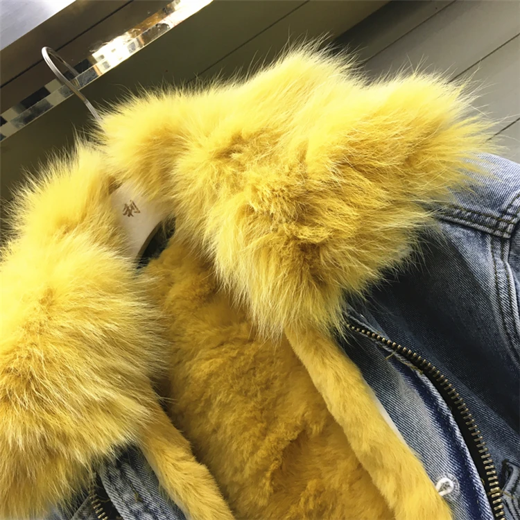 low cost  Natural Fox Fur Collar + Detachable Rabbit Fur Liner Denim Coat Winter Women Thickened Warm Coat Ja