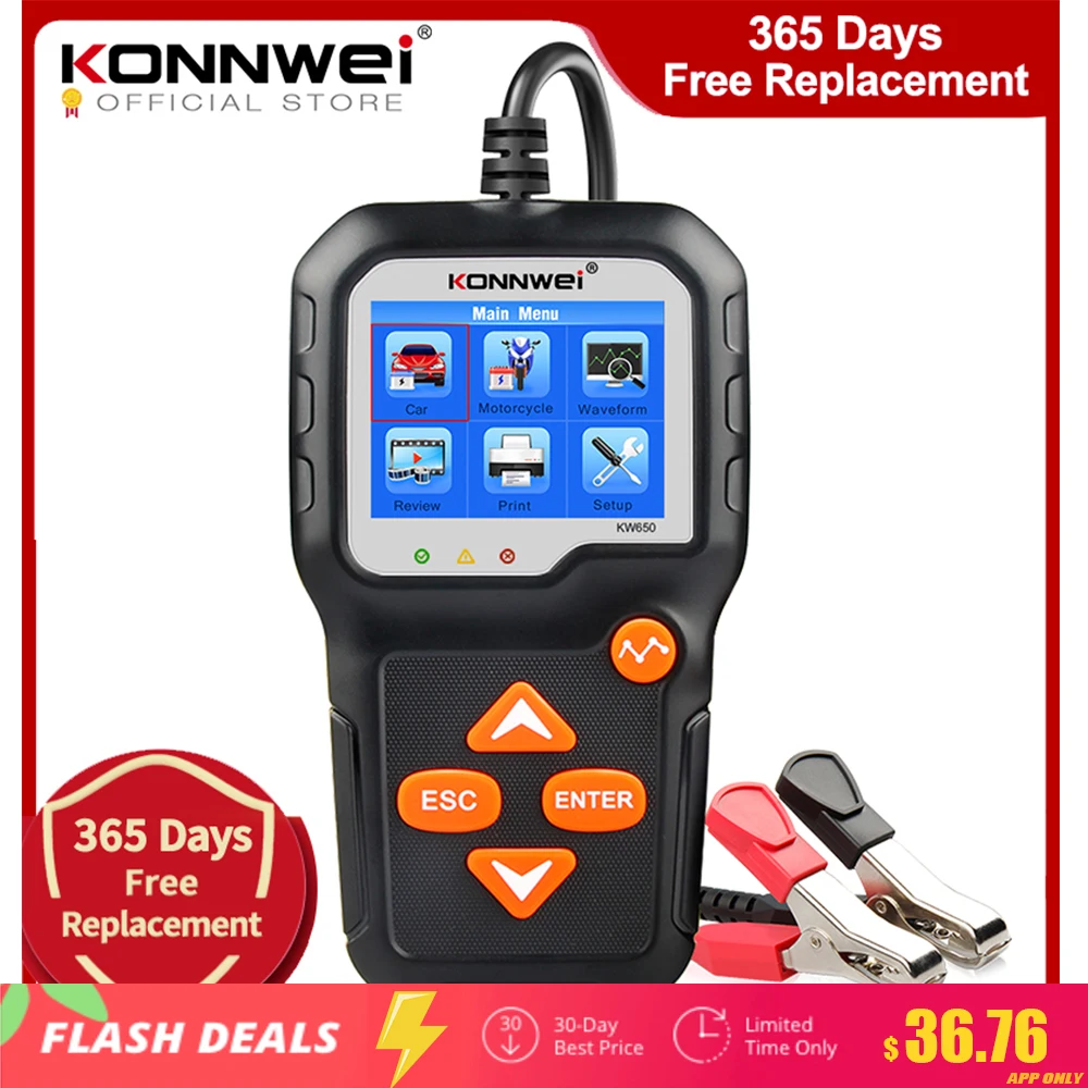 KONNWEI-probador de batería de motocicleta KW650, Analizador de sistema de batería de 12V y 6V, 2000CCA, herramientas de prueba de arranque de carga para el coche