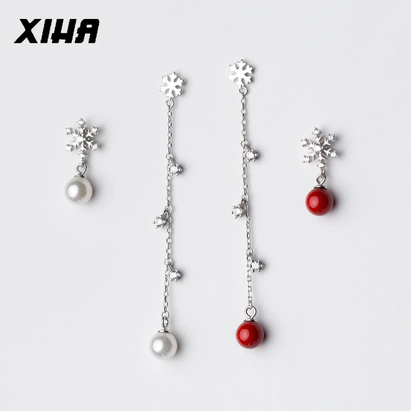 

XIHA Real 925 Sterling Silver Drop Dangle Earrings for Women Snowflake Beads Asymmetric Long Earring Crystal Christmas Jewelry