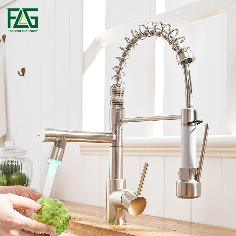 FLG матовый никелевый кухонный кран высокого качества латунный кран вытяжной светодиодный кухонный кран горячий и холодный водный Вертлюг смеситель для раковины