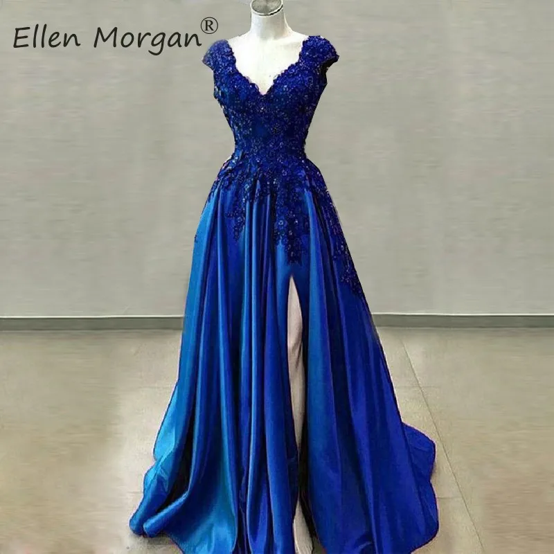 

Royal Blue Elsatic Satin Sexy Prom Dresses For Women 2020 Vestido De Festa V Neck Floor Length Lace Crystals Party Gowns