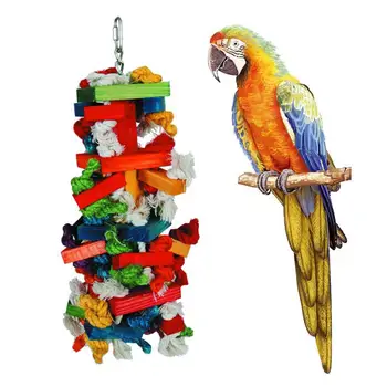 

Large Size Colorful Cotton Rope Wood Block Chewing Biting Hanging Toy for Pet Parrot