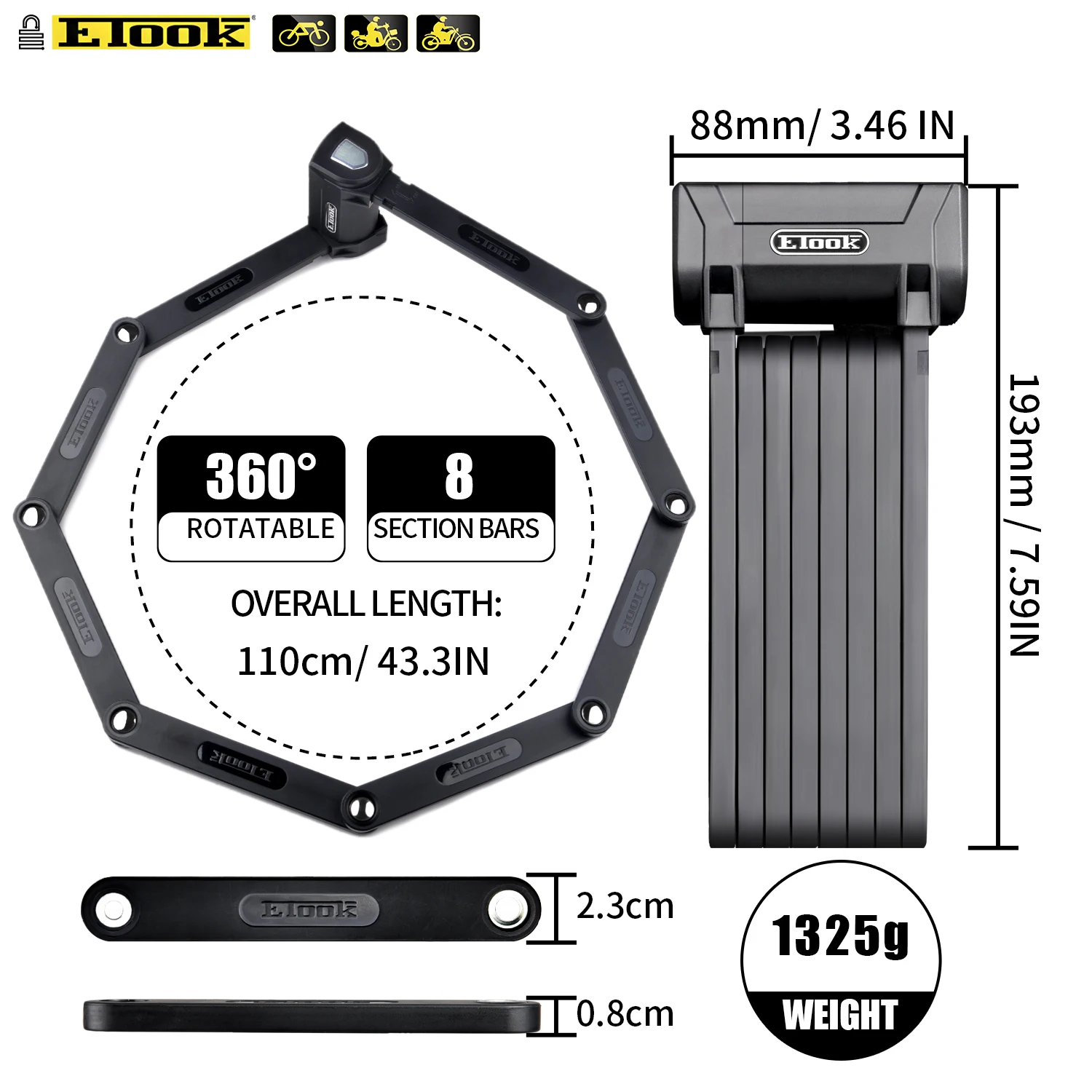 Etook Bicycle Folding Lock Lengthen Anti Theft Heavy Duty Strong Foldable Lock For E Bike Scooter Motorcycle Patented Bracket