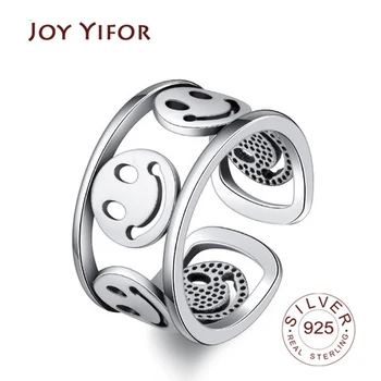 

925 Sterling Silver Hollow Smile Face Ring Heart Lock Chain Thai Silver Adjustable Rings For Women Retro Jewelry