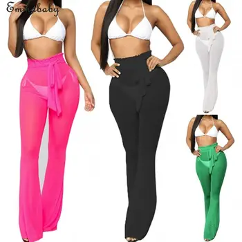 

New Women Sexy High Waist See Through Mesh Sheer Summer Beach Long Pants Trousers