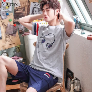 

Pajama Sets Men Printed Large Size 3XL Loose O-neck Summer Shorts Mens Pajamas Simple Daily Homewear Korean Style 2 Pcs Ulzzang