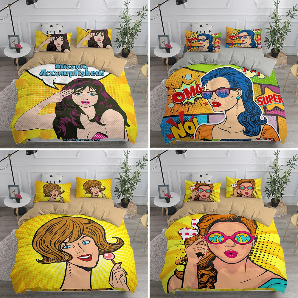 

3D Print Cartoon Anime Duvet Cover Exaggerated Women Art Pattern Bedding Set Nordic Bed Case 200x240 2/3pcs With Pillowcase