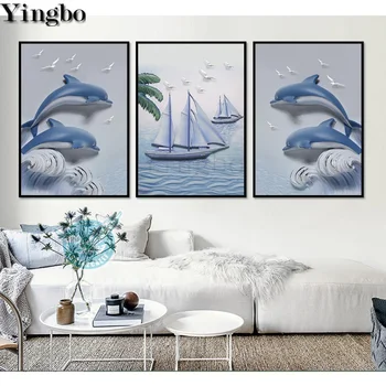 

DIY Square Round Drill Mosaic Diamond Painting Dolphin Sea Sailing landscape Cross Stitch 5D Full Embroidery Icons 3 pcs set
