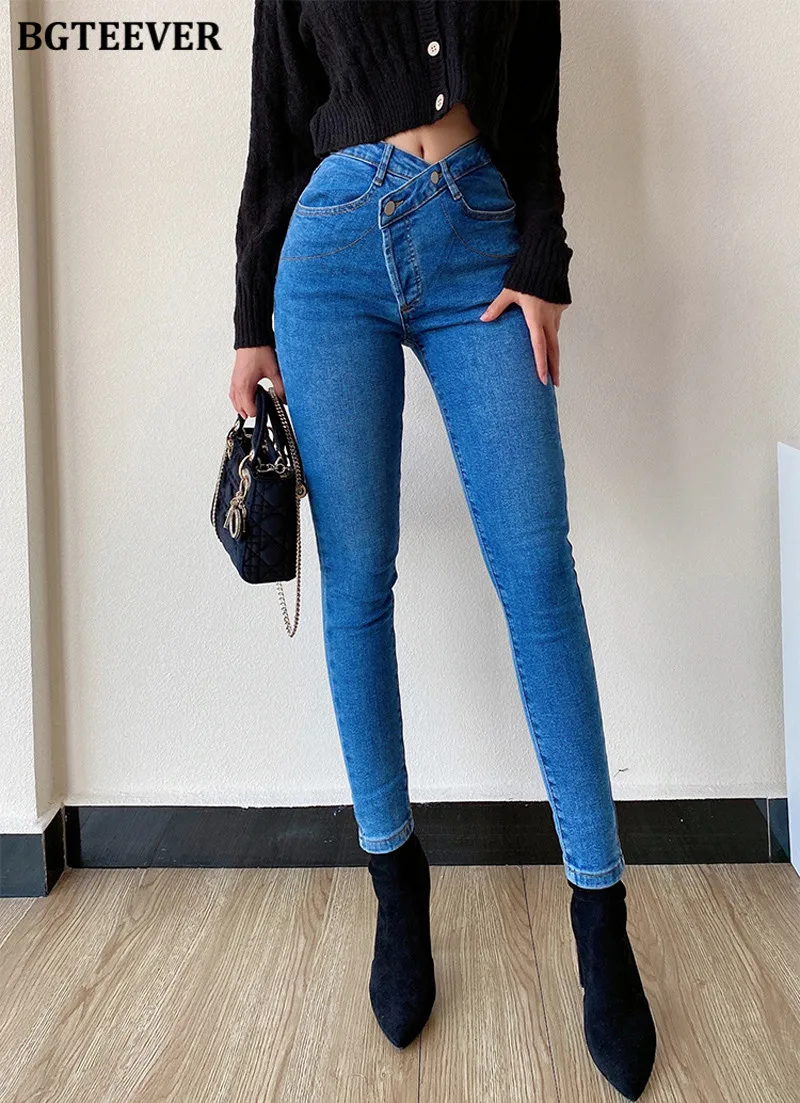 ksubi jeans BGTEEVER 2021 New Jeans Women's High Waist Stretched Hip Slim Fit Skinny Denim Jeans Female Oblique Buckle Pencil Pants Femme blue jeans