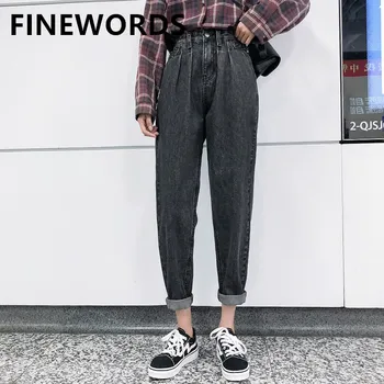 

FINEWORDS Vintage Gray Boyfriend Jeans For Women Korean Casual High Waist Jeans Mujer Loose Plus Size Harem Denim Pants Female