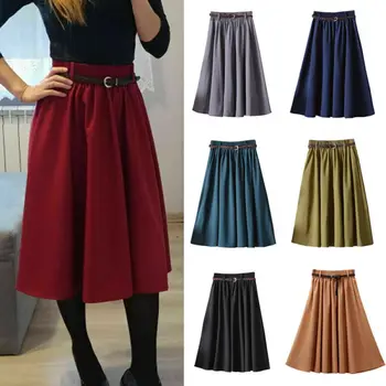 

Women Elastic High Waist Maxi Dress Lady Casual Flared Pleated Swings Office Lady Belt Mid Skirts