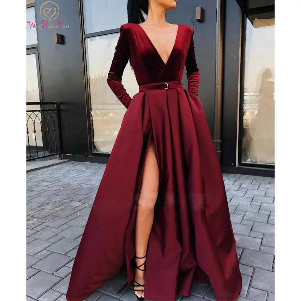 

Burgundy Split A-Line Formal Party Evening Dresses 2020 New Elegant Long Sleeves Elegant Women Prom Gowns With Belt abendkleider
