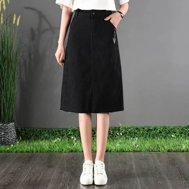 black knee length denim skirt
