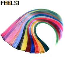 FEELSI цветные хайлайтер синтетические волосы для наращивания клип в один кусок цветные полоски 2" длинные прямые волосы для любителей спорта