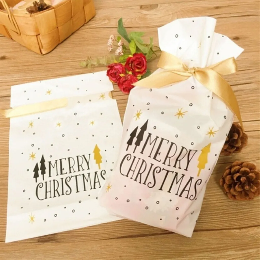 New 50 Pieces White Golden Christmas Tree Merry Christmas Gift Bags Candy Bags