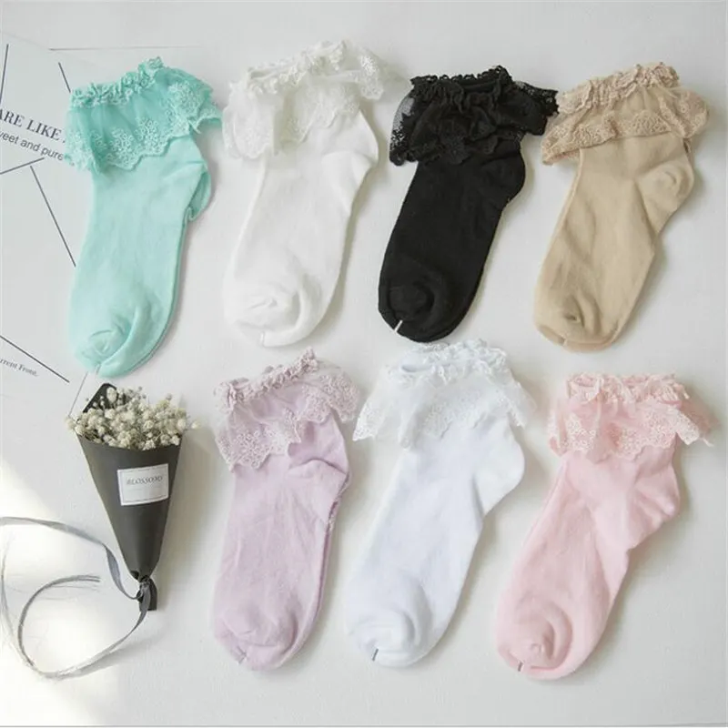Высокое качество, 1 пара, милые кружевные короткие носки в стиле Лолиты для девушек и женщин, хлопковые носки разных цветов, женские носки