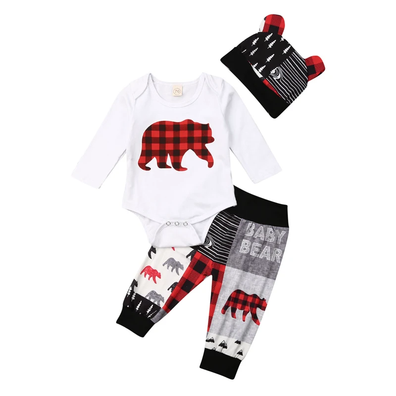 Милый комплект для маленьких мальчиков и девочек; Рождественский комплект одежды для новорожденных; комбинезон с принтом медведя; штаны; Одежда для мальчиков; Рождественский спортивный костюм для маленьких мальчиков