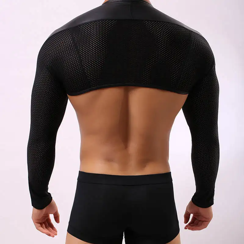 Мужская нарукавная рубашка из черной искусственной кожи с длинными рукавами, плотно прилегающее Мужское нижнее белье, облегающая нижняя рубашка