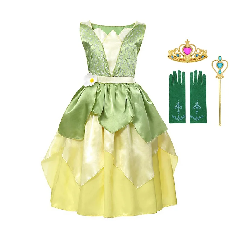 

Girls Princess Tiana Dress up Costume Kids Cosplay Princess and The Frog Clothing Child Birthday Party Halloween Fancy Ball Gown