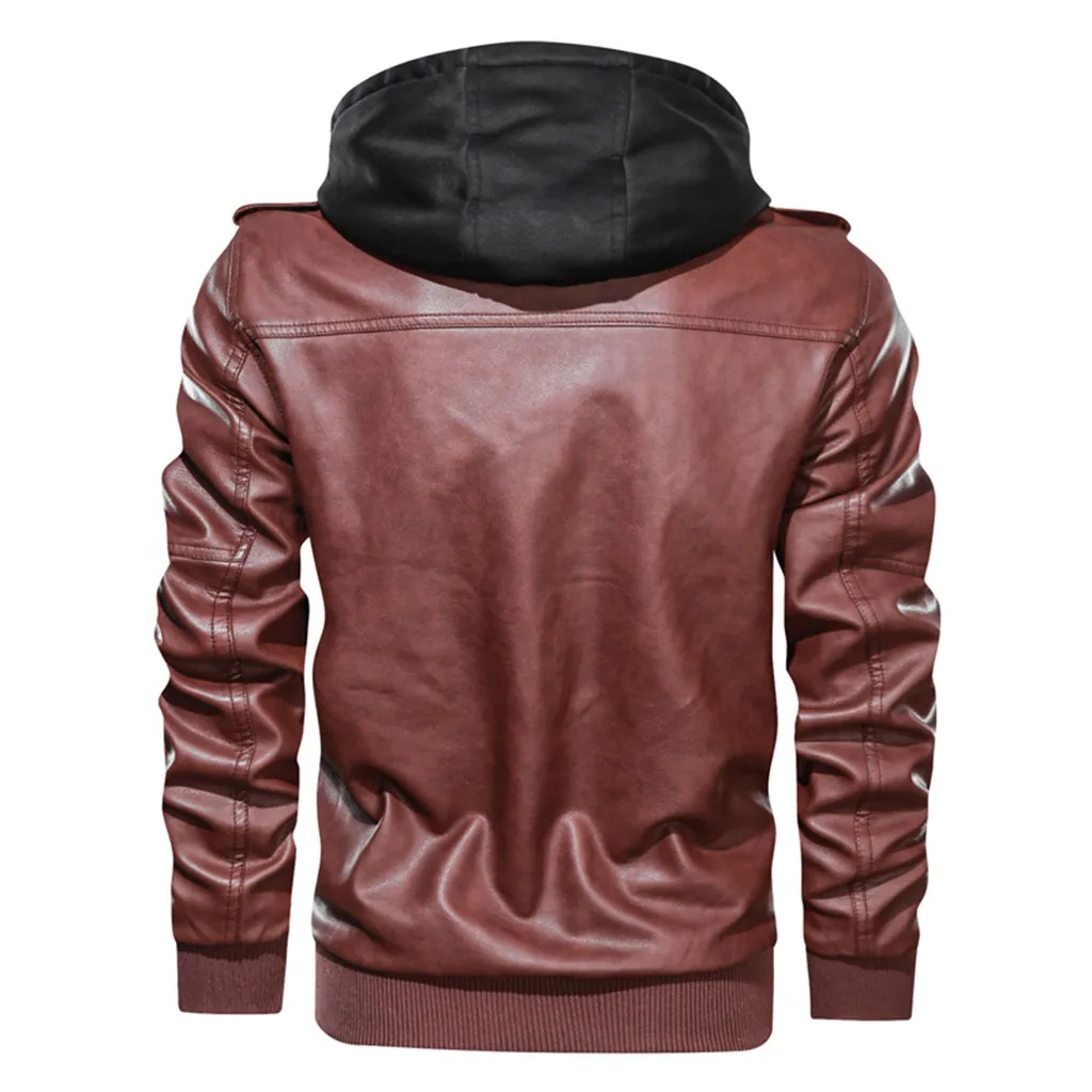 Мужская зимняя теплая куртка с капюшоном на молнии со стоячим воротником, пальто из искусственной кожи, одноцветные топы с карманами, модная новинка, верхняя одежда черного цвета