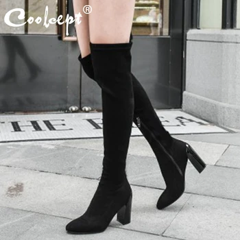 

Coolcept Size 35-43 Woman High Heel Boots Real Leather Thick Heel Over Knee Boot Woman Fashion Party Winter Shoes Woman Footwear
