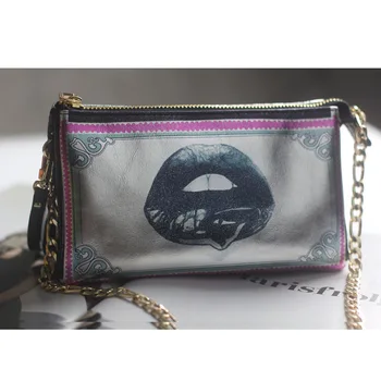 

New Style Leather Single-shoulder Bag for Women Punk Rock And Roll Square Sling Bag Lips Printed Zipper Bag