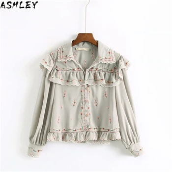 

Fashion Floral Women's Embroidered Shirts Tops Female Casual Long Sleeve Ruffled Chiffon Cropped Blouse blusas Autumn