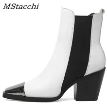 MStacchi/брендовая дизайнерская женская обувь женские ботильоны на не сужающемся книзу массивном каблуке с металлическим украшением, с острым носком и эластичной лентой; Botas Mujer