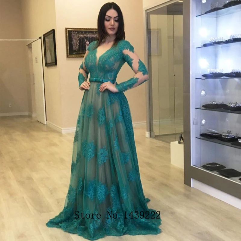 

Green V Neck Evening Dresses Prom Tulle Appliques Bow Long Sleeves Arabic Vestidos De Fiesta De Noche Robe De Soiree Plus