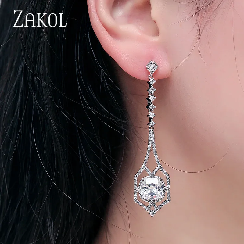 ZAKOL Роскошные циркониевые женские длинные висячие серьги модные серьги в форме люстры для женщин ювелирные изделия FSEP2053