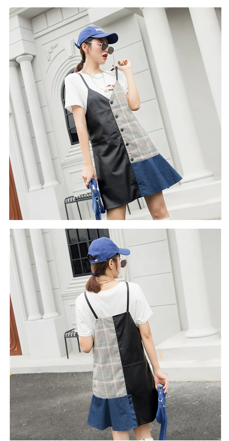 Genuine Leather Dress Highstreet Color Block Cut-and-Sew Grid Panel Button Front Women Strap Ruffles Hem Sheepskin Dresses