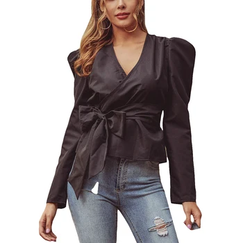 

Puffed Sleeve Knot Waist New Women's Temperament OL Wind Belt Princess Long Sleeve Shirt Top V-neck Lapel Collar French Elegant