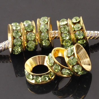 

Wholesale 100pcs Peridot Rhinestone Crystal Gold Color Metal Spacer Large Hole Charms Beads For Making Jewelry European Bracelet