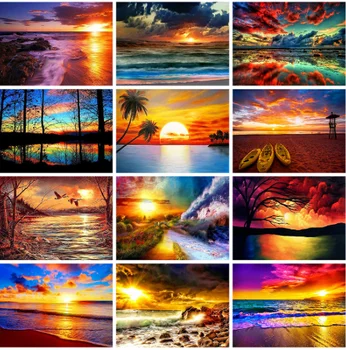

Yikexin Diamond Embroidery Sale Seaside sunset Full circular Mosaic Diamond Painting Scenery Cross Stitch Kit Home Decor