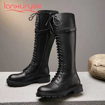 

Lanxuryee riding boots genuine leather buckle leisure energy lady round toe thick med heel zipper daily wear knee high boots L61