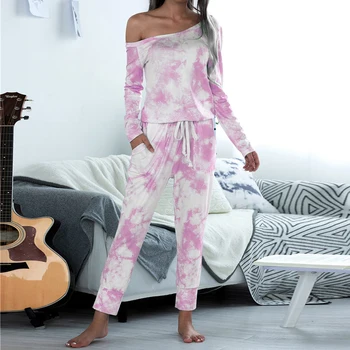 

SFIT Tie Dye Shoulder Long Sleeve Sexy Shirt and Drawstring Pants Two Piece Set Women Homewear Outfits Casual Suit