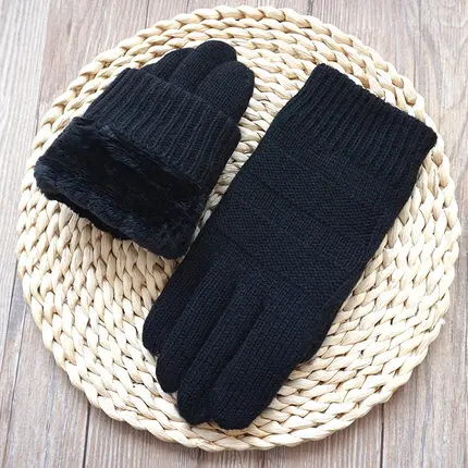 Модные брендовые зимние мужские перчатки с сенсорным экраном варежки мужские бархатные толстые теплые шерстяные вязаные перчатки для вождения - Цвет: black
