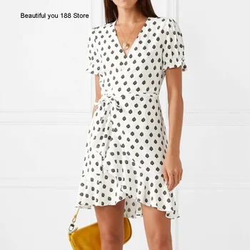 

family Zhang Ziyi same style flounced printed French V-neck dress summer hipster white lace-up dress