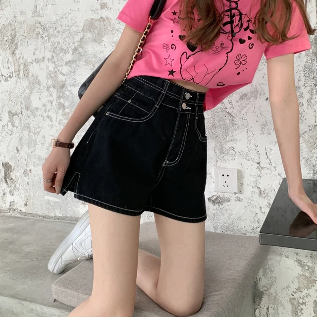 Women Shorts Side-slit Empire Retro Design Straight Denim Trousers Button Summer High Quality All-match Ulzzang Fashion Students 2