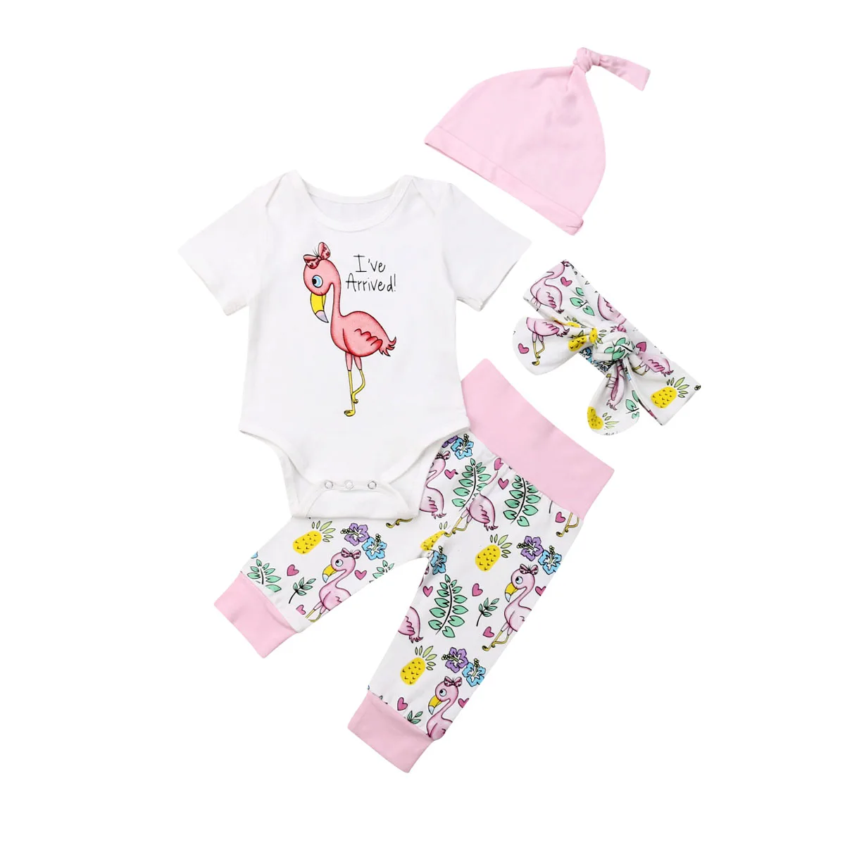 4pcs Newborn Baby Girl Clothes Flamingo Romper Tops Pants Leggings Cap