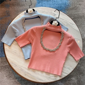

Thin Knitted T-shirt for Women Summer Crop Top Temperament Rhinestone Edge Tight Short Knitted T-shirt Sexy Hollow T Shirt Tops