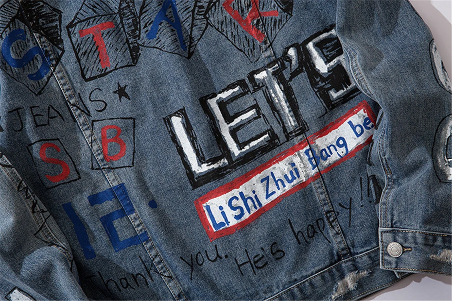 Винтажная джинсовая куртка для мужчин граффити отверстие хип хоп джинсовые куртки Уличная мода Письмо Печать джинсовые пальто WG499